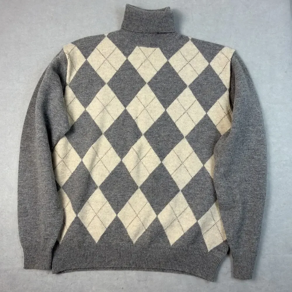 SHIPS English Argyle Pullover Lambswool Sweater Turtleneck Mens L Gray Cream